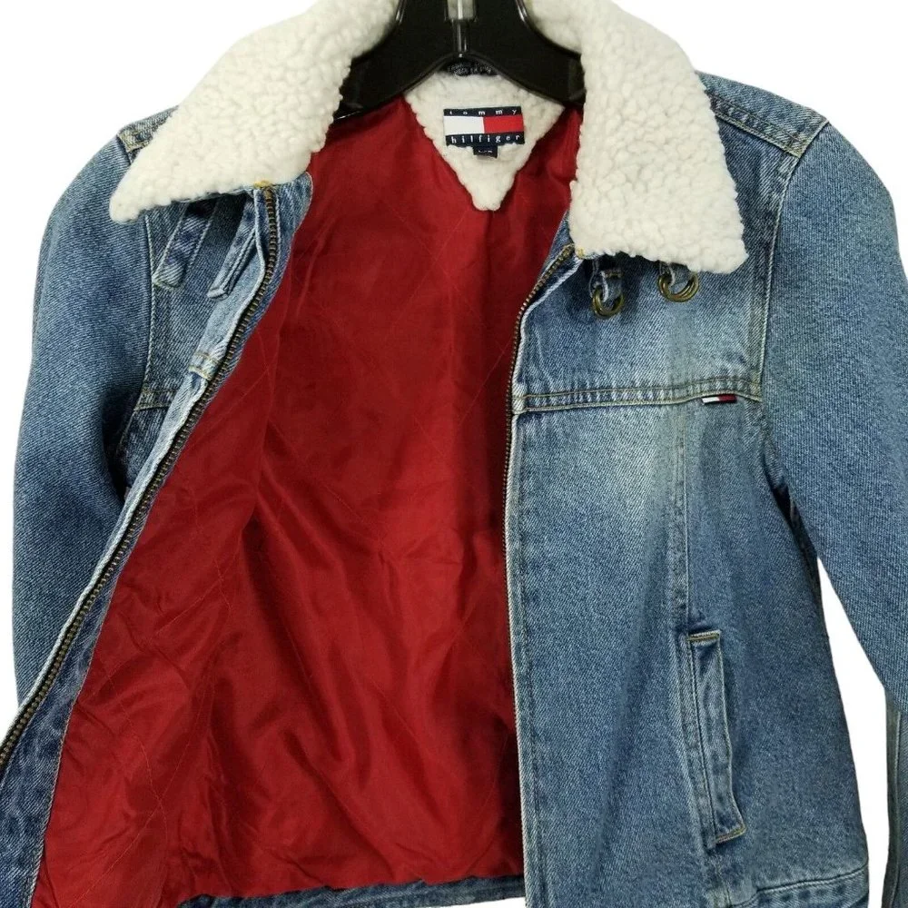 Tommy Hilfiger Kids Vintage Denim Jacket Blue Sz L Faux Sherpa Collar Cuffs Logo - Picture 10 of 13